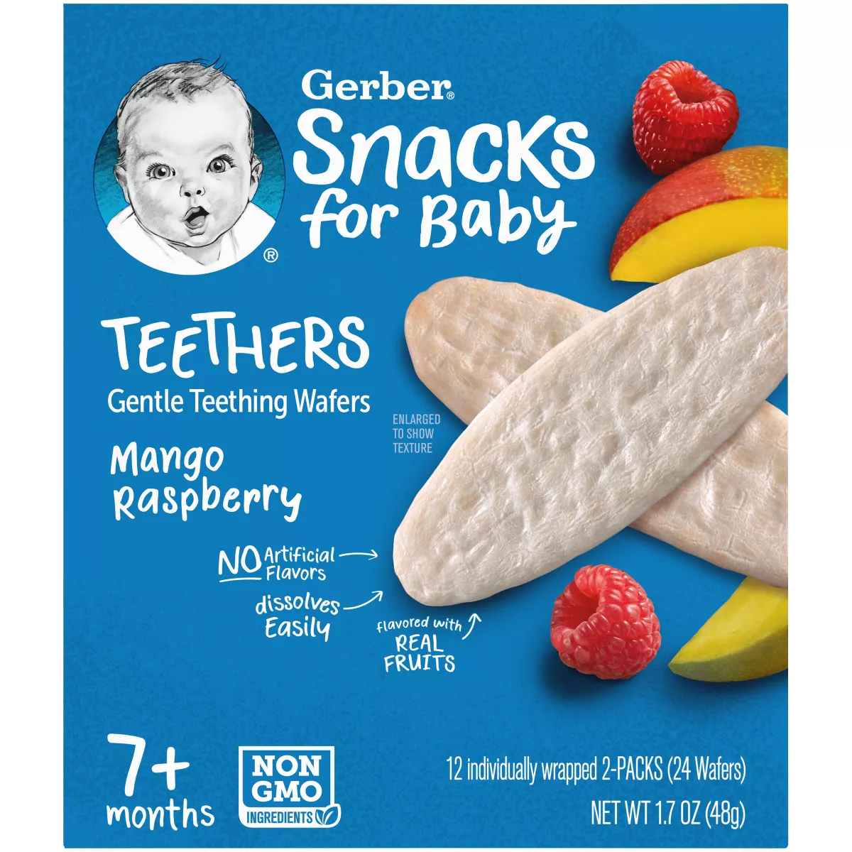 Gerber, Snacks For Baby, Teethers, Gentle Teething Wafers, 7+ Months, Mango Raspberry, 12 Individually Wrapped 2 Packs, 0.14 Oz (4 G) Each