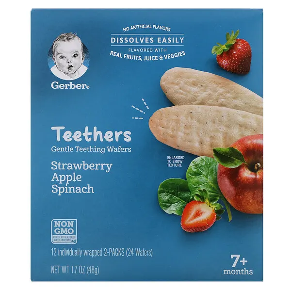 Gerber Gentle Teething Wafers Strawberry Apple Spinach (7+ Months) – 12 Packs